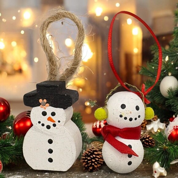Vintage Wooden Snowman Christmas Tree Ornaments Set Of 2 Mini Rustic - Picture 1 of 7